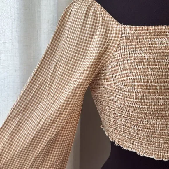 Japna Cropped Long Sleeve Crop Top Checkered Brown and White Ruched Blouse - Picture 2 of 5